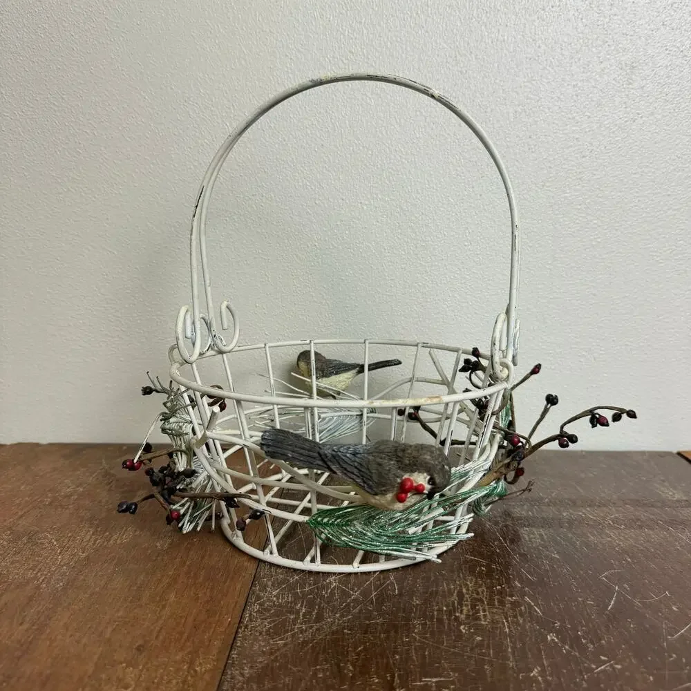 Metal Wire basket with greenery bird Christmas holiday winter decor